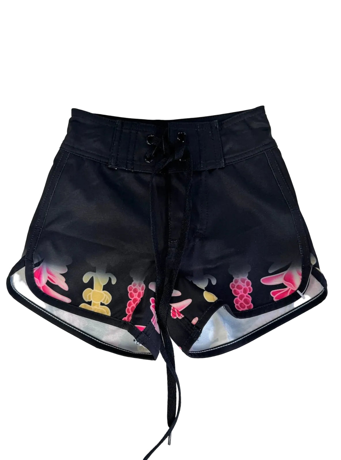 Black shorts with colorful designs on a white background